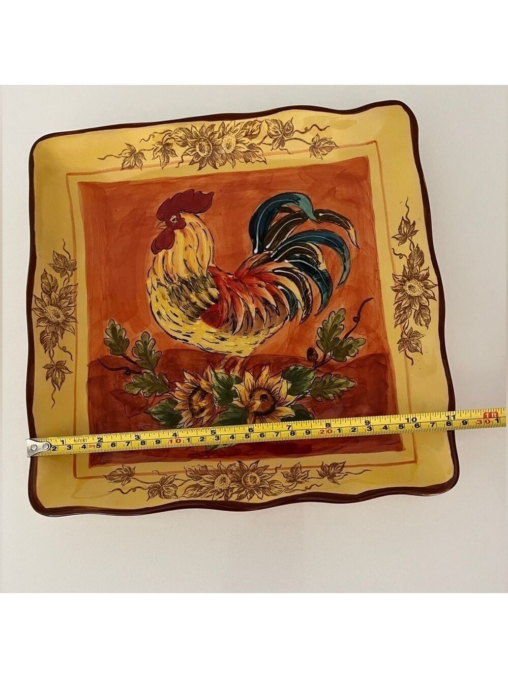 MAXCERA CORP Orange Rooster Square Plate Sunflowers Floral Edge Pattern Farmcore - Picture 8 of 8